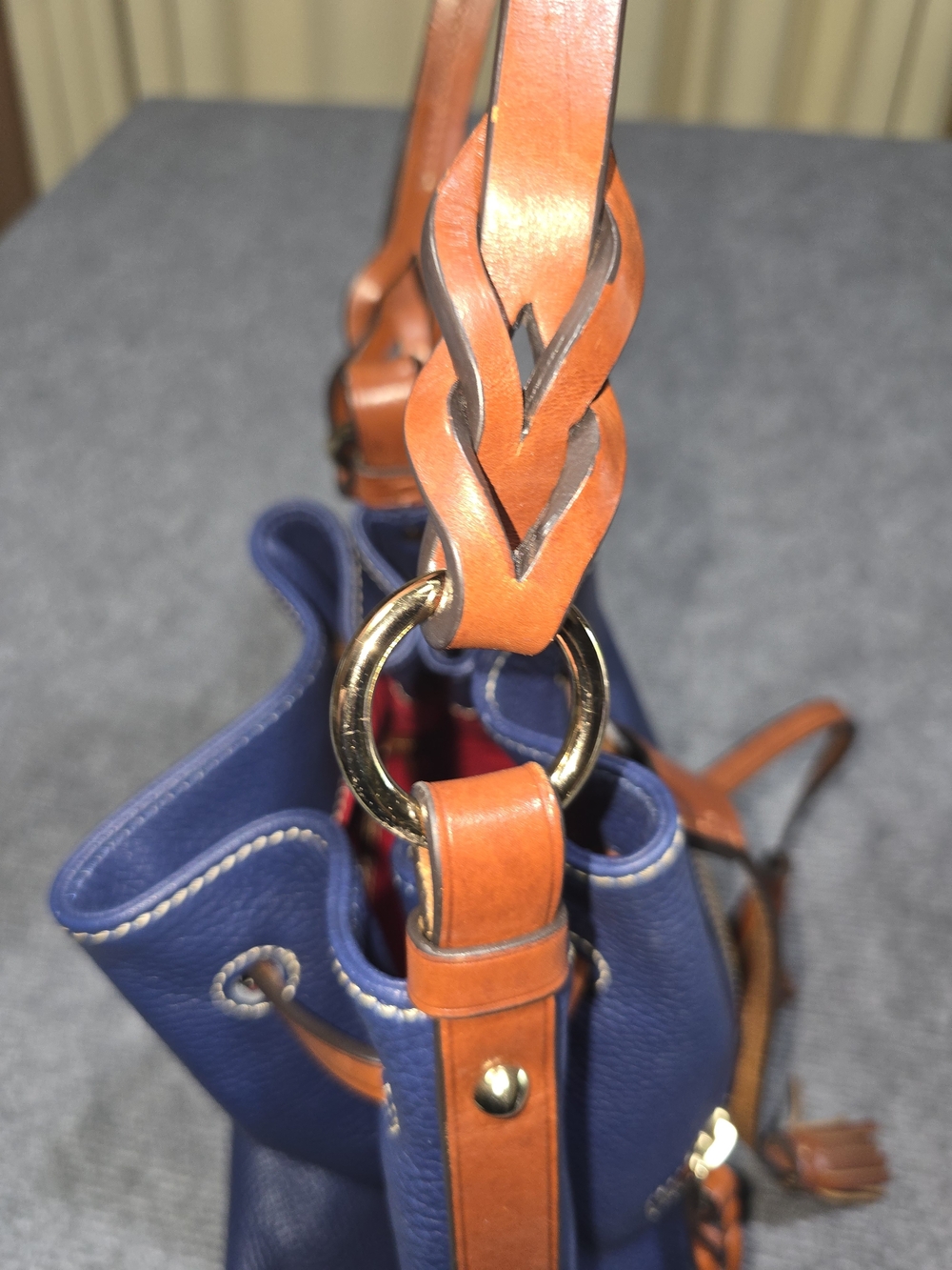 Dooney & Bourke Dillen II Navy Blue Pebbled Leather Drawstring Bucket Bag - Picture 13 of 14